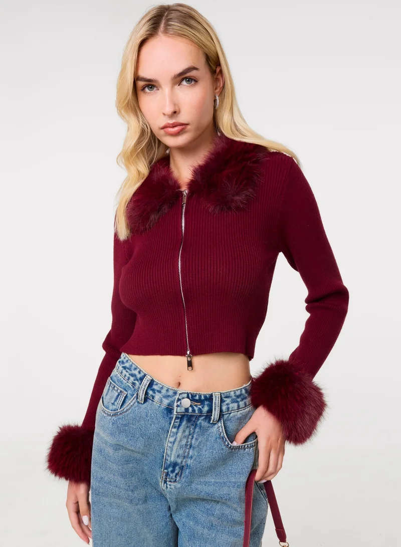 Pink Vanilla Fur Trim Zip Through Cardigan