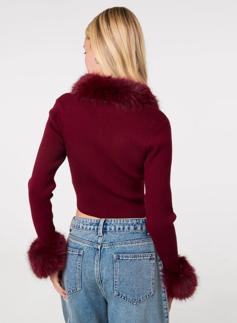 Pink Vanilla Fur Trim Zip Through Cardigan