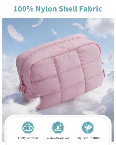 Narwey Puffer Travel Makeup Bag for Women Girl, Quilted Puffy Cosmetic Bag Make Up Bag Organizer, Cute Travel Toiletry Bag for Toiletries (Pink) - Image 2