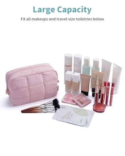 Narwey Puffer Travel Makeup Bag for Women Girl, Quilted Puffy Cosmetic Bag Make Up Bag Organizer, Cute Travel Toiletry Bag for Toiletries (Pink) - Image 5