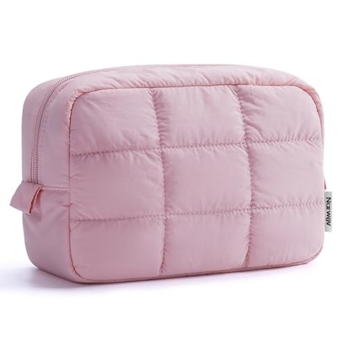 Narwey Puffer Travel Makeup Bag for Women Girl, Quilted Puffy Cosmetic Bag Make Up Bag Organizer, Cute Travel Toiletry Bag for Toiletries (Pink) - Image 1
