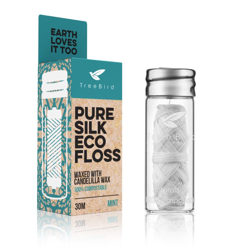 TreeBird Pure Silk Eco Floss 33yd Silk Dental Floss Spool in a Refillable Glass Dispenser Waxed with Candelilla Wax Mint