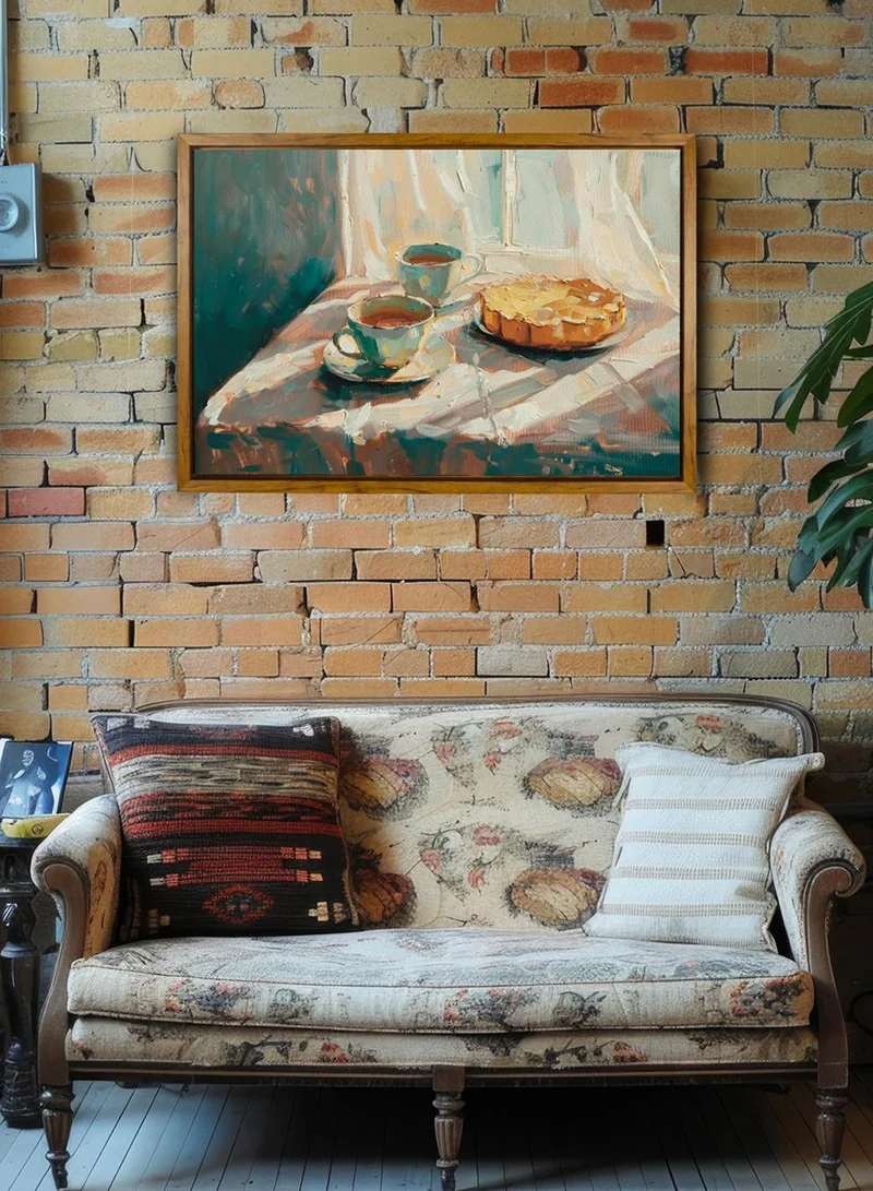 LOWHA Canvas Wall Art Stretched Over Wooden Frame with Wooden Color Floating Frame and Vintage Style Tea Cups Acstract Painting