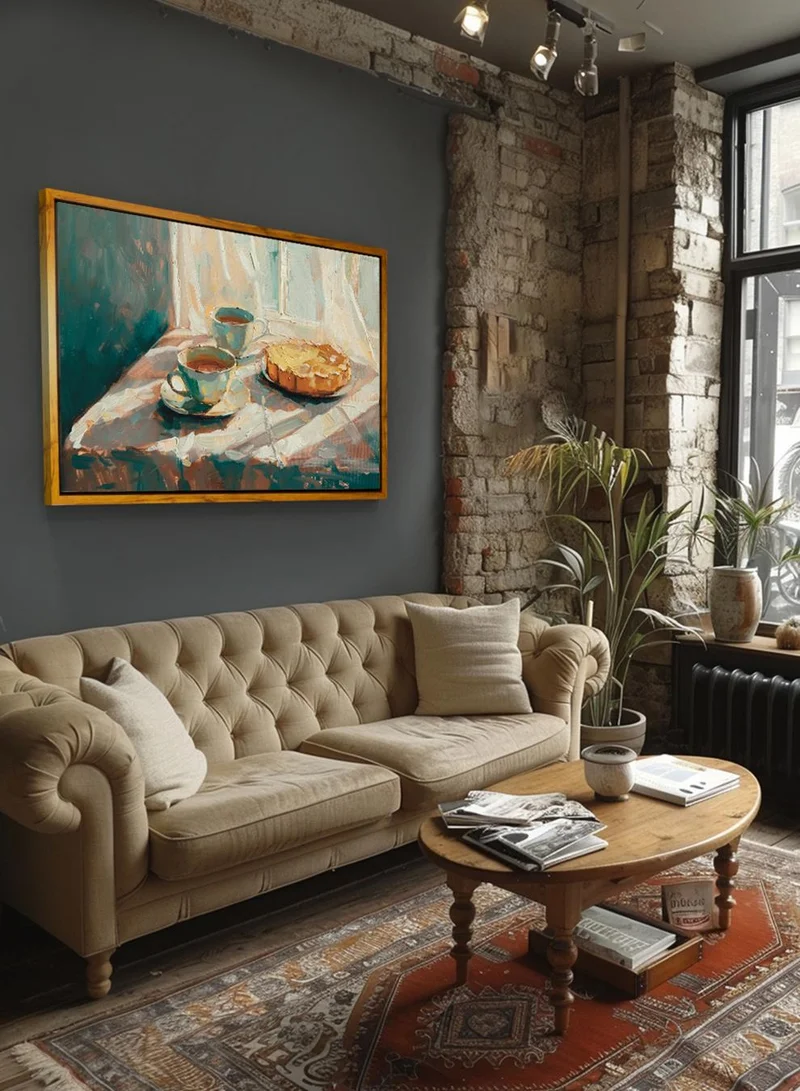 LOWHA Canvas Wall Art Stretched Over Wooden Frame with Wooden Color Floating Frame and Vintage Style Tea Cups Acstract Painting