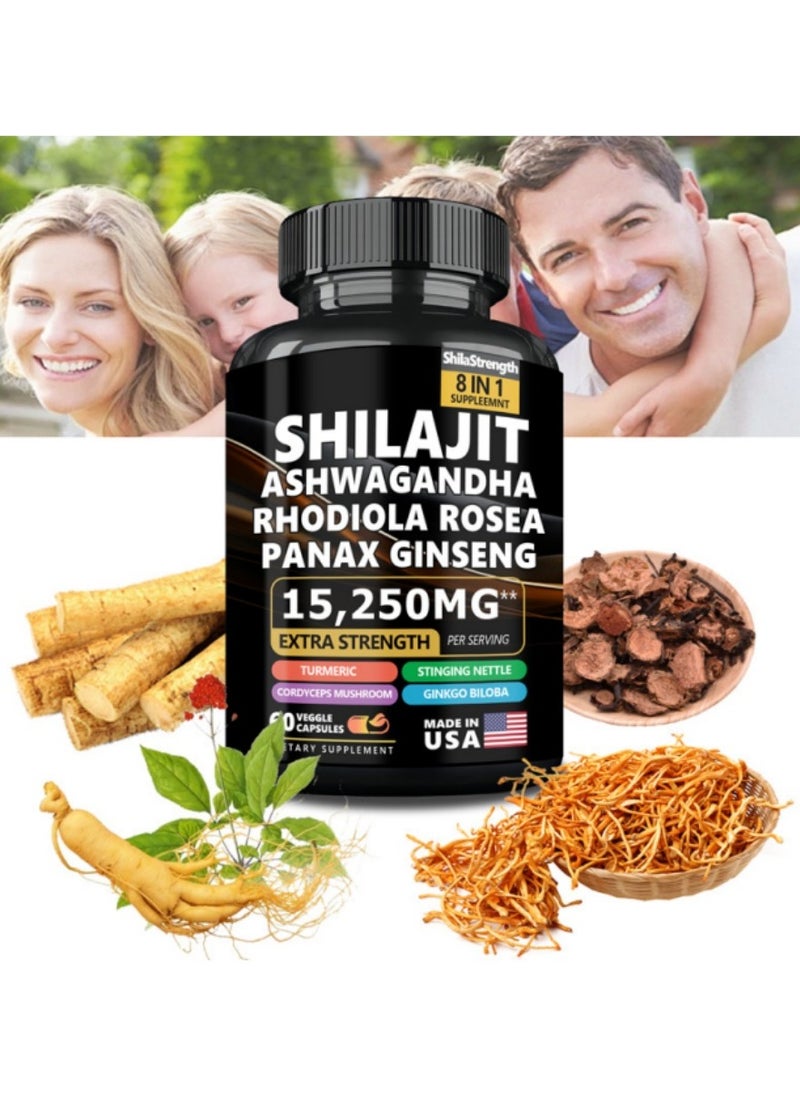 Shilajit RX - 9000MG Pure Himalayan Shilajit, 2000MG Ashwagandha Energy Booster, 1000MG Rhodiola Rosea, 1500MG Panax Ginseng, 500MG Turmeric, 500MG Ginkgo, 250MG Stinging Nettle（Packaging may vary） - Image 1