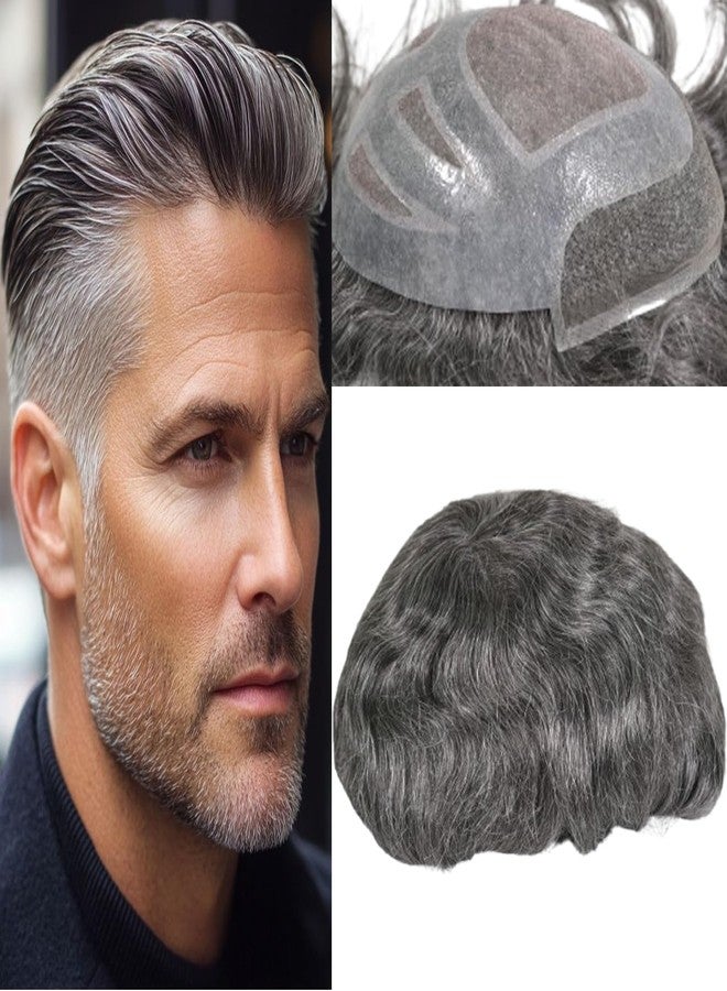 Voloria Durable Hair System for Men French Lace Front Fine Mono and Skin PU Around Mens Toupee Human Hair Pieces Natural Hairline Hair Replacement for Men 8x10INCH 1B Black with 30% White hair - Image 1