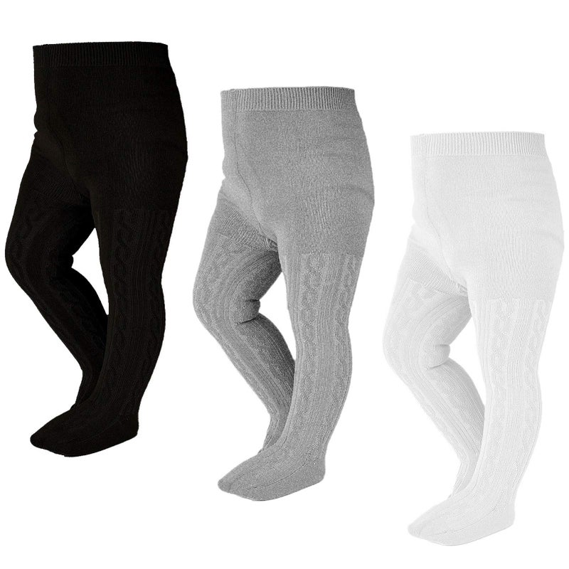 EPEIUS Baby Tights Newborn Girl Thick Seamless Cable Knit Tights Solid Cotton Stockings Footed Leggings Pantyhose for 0-3 Months,White/Black/Light Grey(Pack of 3) - Image 1