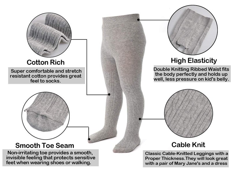 EPEIUS Baby Tights Newborn Girl Thick Seamless Cable Knit Tights Solid Cotton Stockings Footed Leggings Pantyhose for 0-3 Months,White/Black/Light Grey(Pack of 3) - Image 3