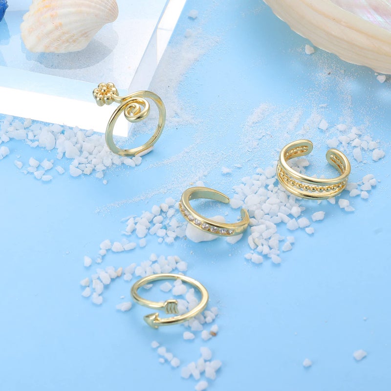 Sanfenly 12PCS Adjustable Toe Rings for Women Gold Silver Black Open Toe Rings Set Flower Arrow Leaf heart CZ Tail Pinky Band Rings Summer Beach Foot Jewelry Set - Image 4