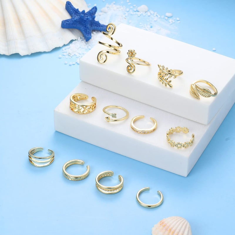 Sanfenly 12PCS Adjustable Toe Rings for Women Gold Silver Black Open Toe Rings Set Flower Arrow Leaf heart CZ Tail Pinky Band Rings Summer Beach Foot Jewelry Set - Image 5