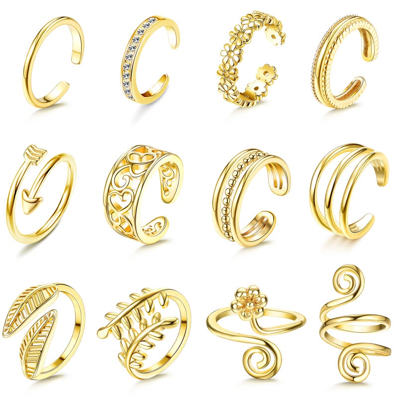 Sanfenly 12PCS Adjustable Toe Rings for Women Gold Silver Black Open Toe Rings Set Flower Arrow Leaf heart CZ Tail Pinky Band Rings Summer Beach Foot Jewelry Set - Image 1