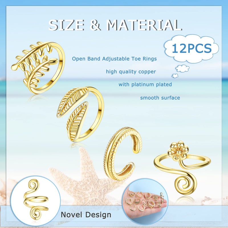 Sanfenly 12PCS Adjustable Toe Rings for Women Gold Silver Black Open Toe Rings Set Flower Arrow Leaf heart CZ Tail Pinky Band Rings Summer Beach Foot Jewelry Set - Image 3