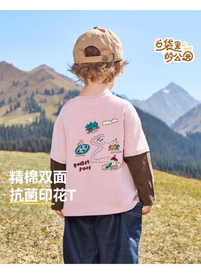 A Antibacterial] Boys' T-shirt Long Sleeve Spring/autumn Style Baby Fake Two-piece Top 25 New Style Children's Girls - Image 1