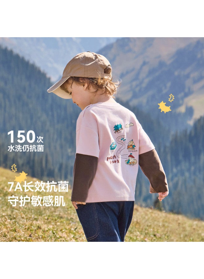 A Antibacterial] Boys' T-shirt Long Sleeve Spring/autumn Style Baby Fake Two-piece Top 25 New Style Children's Girls - Image 3
