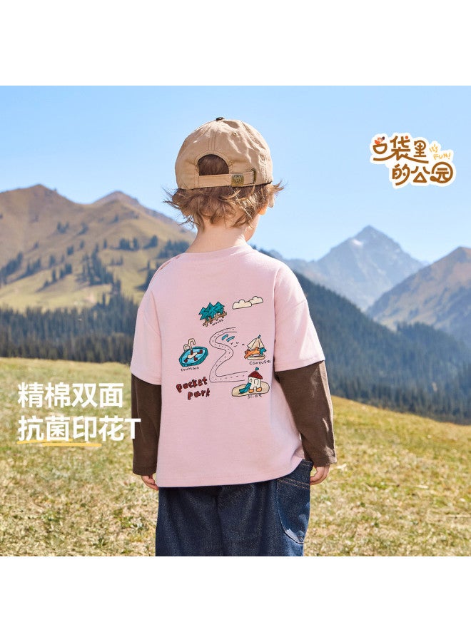 A Antibacterial] Boys' T-shirt Long Sleeve Spring/autumn Style Baby Fake Two-piece Top 25 New Style Children's Girls - Image 2
