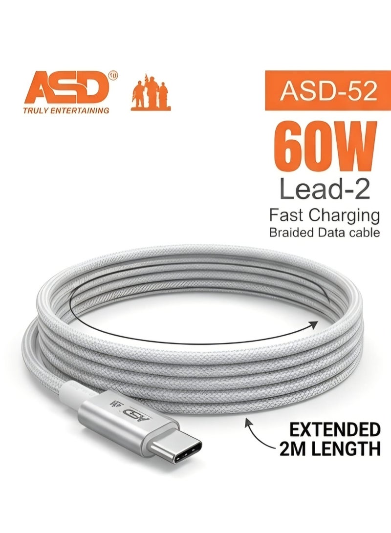 ASD-52 USB-C to USB-C Cable, 60W PD Fast Charging, 2 Meter Long Data & Charging Cable, Durable Type-C Cable - Image 1