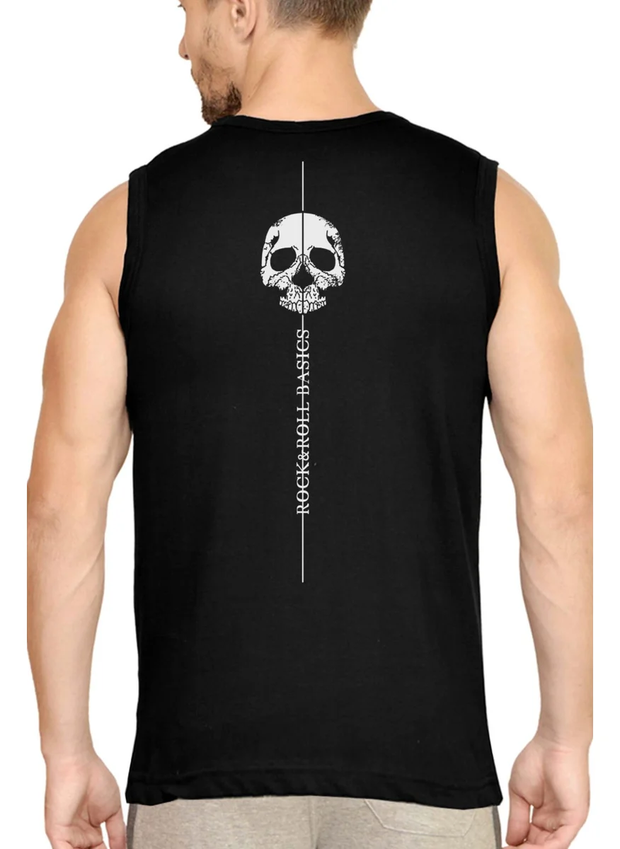 روك اند رول Skull in Line Black Cut Sleeve / Sleeveless Back Printed Men's T-Shirt