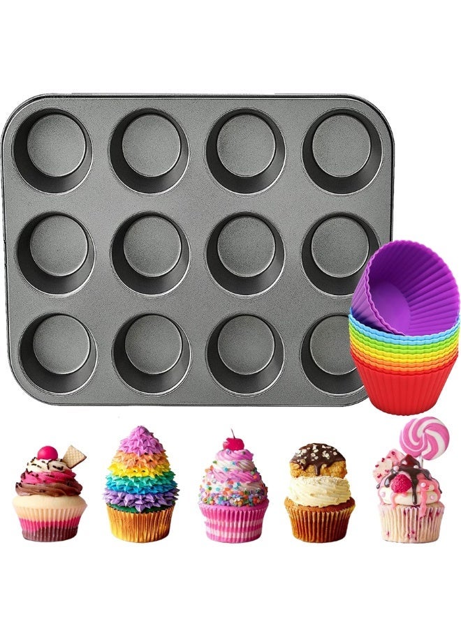 12-Cavity Non-Stick Muffin Pan with Reusable Silicone Cups – Durable Alloy Cupcake Baking Mold, Standard Size Cake Tray for Muffins, Cupcakes, Mini Desserts, Chocolate Cakes, Party Baking and Home Kitchen Supplies - Image 1