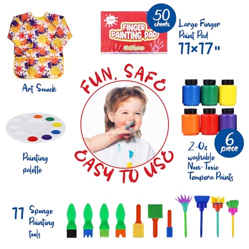 J MARK Complete Toddler Washable Finger Paint Set, Sponge Painting Tools, Large Finger Paint Pad, Tempera Finger Paints, Smock and More - Image 2