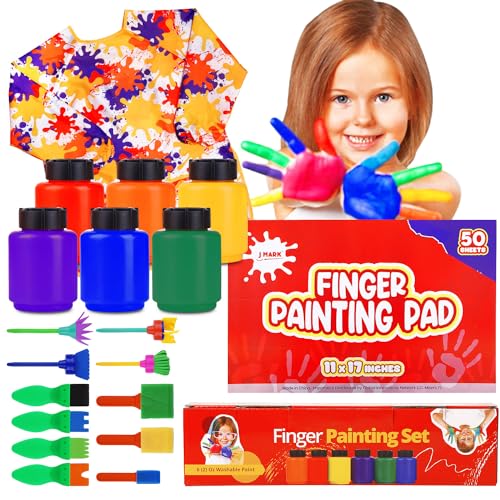 J MARK Complete Toddler Washable Finger Paint Set, Sponge Painting Tools, Large Finger Paint Pad, Tempera Finger Paints, Smock and More - Image 1