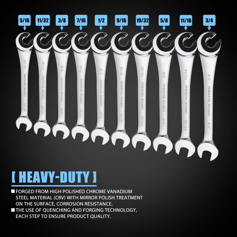 LOSCHEN 10 pcs SAE Ratcheting Wrench Combination Wrench Set 10 Pcs/Set with 72 Teeth, Chrome Vanadium Steel Tubing Ratchet Spannerï¼ˆUS and European Patentsï¼‰ - Image 2