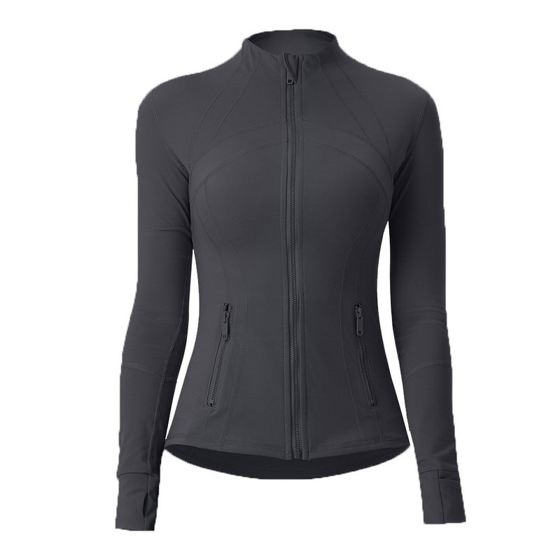 Generic Yoga Clothing European and American Camouflage Yoga Sports Jacket Womens Jin Ammonia Elastic Zipper Running Yoga Long Sleeve Top Graphite gray coat 