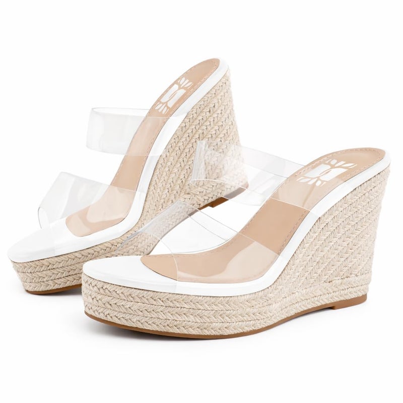 VARECOLA Women Slip On Espadrille Platform Wedge Sandals Slide Open Toe Clear High Heel Sandals (White, Adult, Women, 7.5, Numeric, US Footwear Size System, Medium) - Image 1