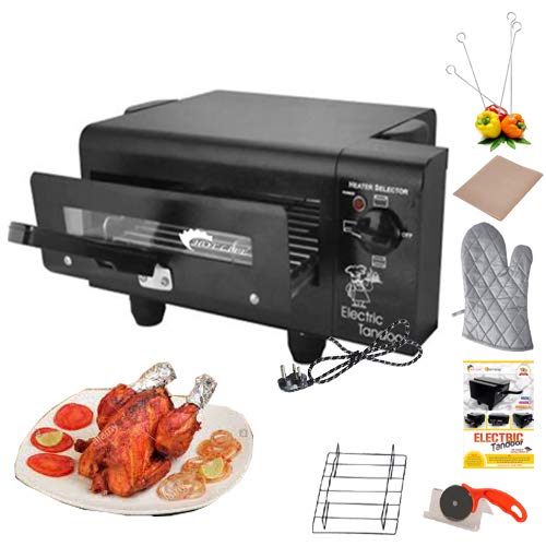 HOTBERG Hot Berg Upper LowerRegulator System 1500W Small Electric Tandoor Combo Hand Gloves Grill Stand Magic Cloth Recipe Book 4 Skewers Pizza Cutter 4 Shocked Proof Rubber Legs Black  - Image 1