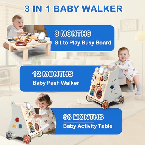 Takeeyce Baby Push Walker with Detachable Busy Board Wooden Baby Walker with Adjustable Speed Wheels Montessori Push Walker for Babies Push Walking Toys for Boys Girls 1 Year Old Gifts for Toddler - Image 5