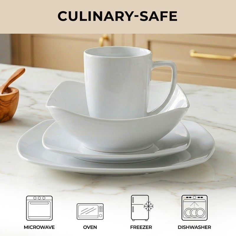Zulay Kitchen Luna Plates and Bowls Sets, 16 Piece Modern Porcelain Dish Set for 4, Chip and Scratch Resistant Square Dinnerware Set, Microwave and Dishwasher Safe, Pearl White - Image 4