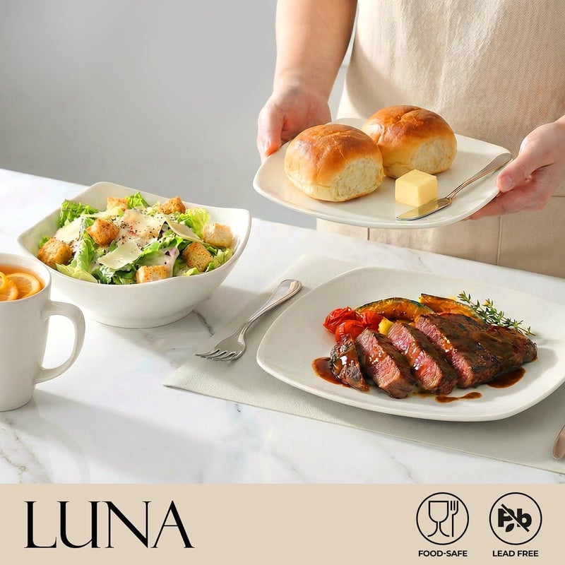 Zulay Kitchen Luna Plates and Bowls Sets, 16 Piece Modern Porcelain Dish Set for 4, Chip and Scratch Resistant Square Dinnerware Set, Microwave and Dishwasher Safe, Pearl White - Image 2