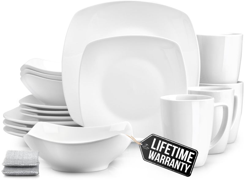 Zulay Kitchen Luna Plates and Bowls Sets, 16 Piece Modern Porcelain Dish Set for 4, Chip and Scratch Resistant Square Dinnerware Set, Microwave and Dishwasher Safe, Pearl White - Image 1