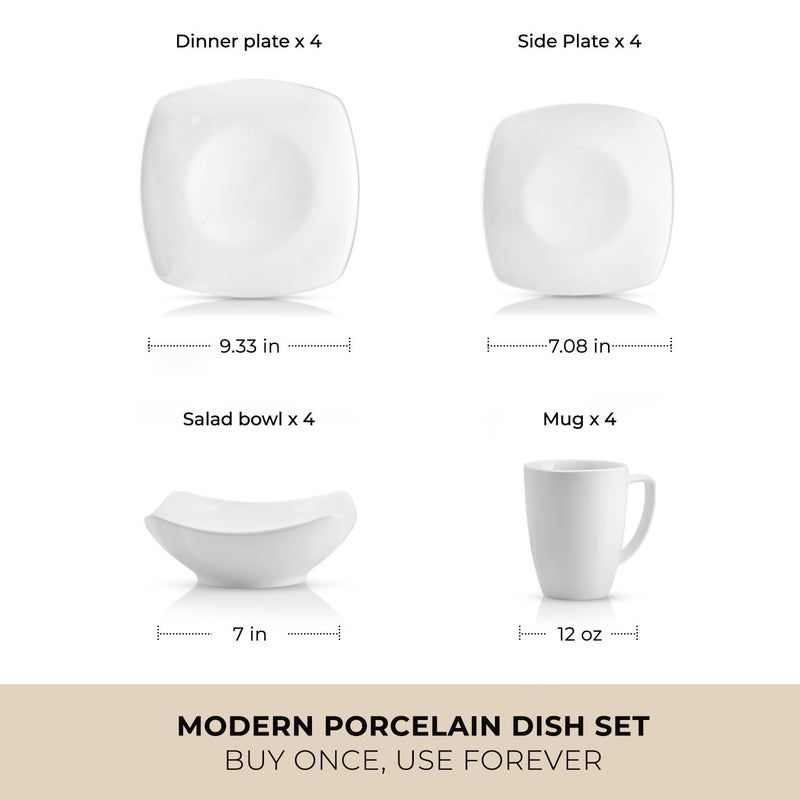 Zulay Kitchen Luna Plates and Bowls Sets, 16 Piece Modern Porcelain Dish Set for 4, Chip and Scratch Resistant Square Dinnerware Set, Microwave and Dishwasher Safe, Pearl White - Image 3