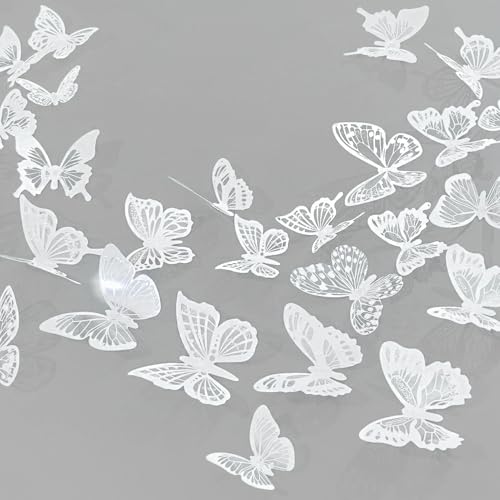 Ewong 3D Butterfly Wall Decor 72Pcs, 10 Styles Black White PVC Butterfly Theme Decoration Birthday Party Cake Wall Decal Removable Home Room Bedroom Bathroom Art Sticker Murals (White) - Image 1