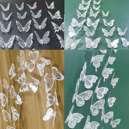 Ewong 3D Butterfly Wall Decor 72Pcs, 10 Styles Black White PVC Butterfly Theme Decoration Birthday Party Cake Wall Decal Removable Home Room Bedroom Bathroom Art Sticker Murals (White) - Image 3