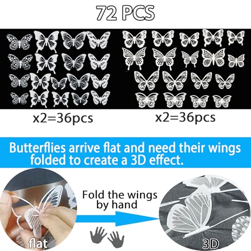 Ewong 3D Butterfly Wall Decor 72Pcs, 10 Styles Black White PVC Butterfly Theme Decoration Birthday Party Cake Wall Decal Removable Home Room Bedroom Bathroom Art Sticker Murals (White) - Image 4