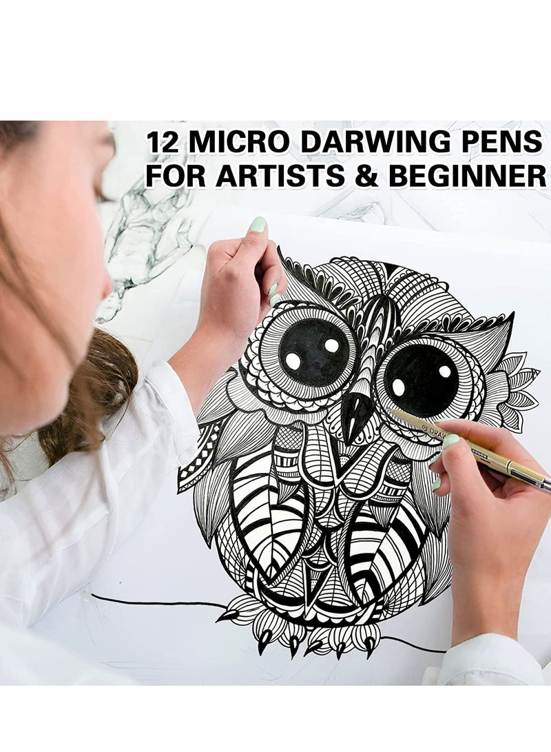 Drawing Art Pens Micro-Pen Fineliner Ink Black Waterproof Quick drying Micro Fine Point for Artist Illustration, Sketching, Technical Drawing, Anime, Manga, Scrapbooking 12 Nibs