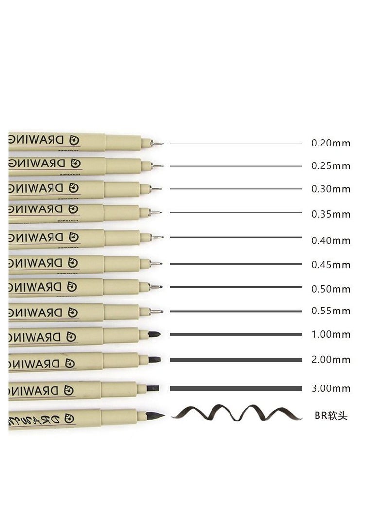 Drawing Art Pens Micro-Pen Fineliner Ink Black Waterproof Quick drying Micro Fine Point for Artist Illustration, Sketching, Technical Drawing, Anime, Manga, Scrapbooking 12 Nibs