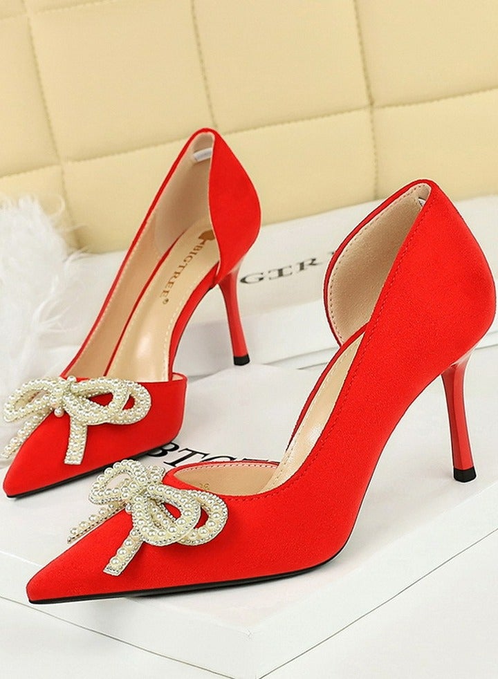 بيج تري المرأة مغلقة أشارت إصبع القدم مضخة الراينست قوس الديكور كعب عالي الأحمر 8.5CM - Image 1