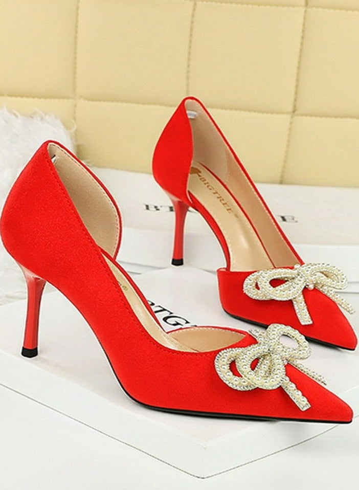 بيج تري المرأة مغلقة أشارت إصبع القدم مضخة الراينست قوس الديكور كعب عالي الأحمر 8.5CM - Image 2