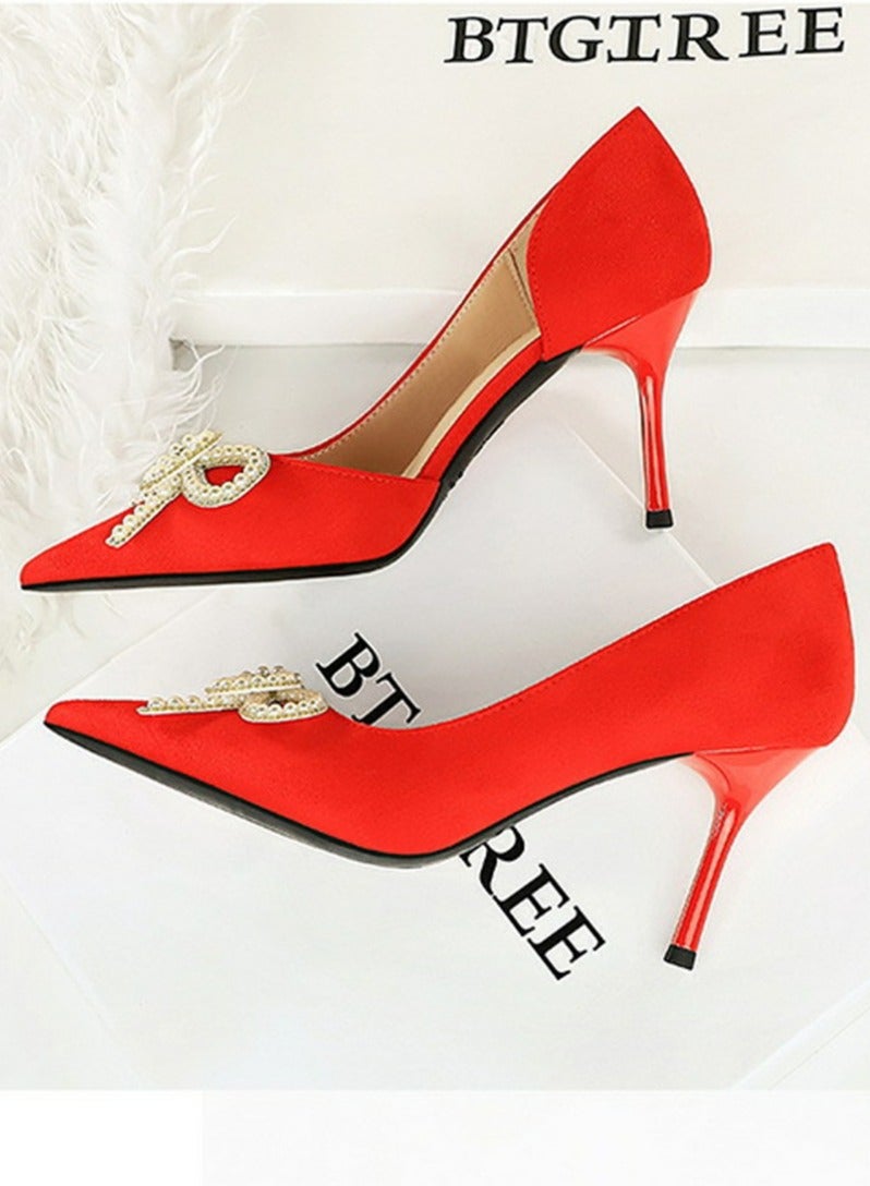 بيج تري المرأة مغلقة أشارت إصبع القدم مضخة الراينست قوس الديكور كعب عالي الأحمر 8.5CM - Image 3