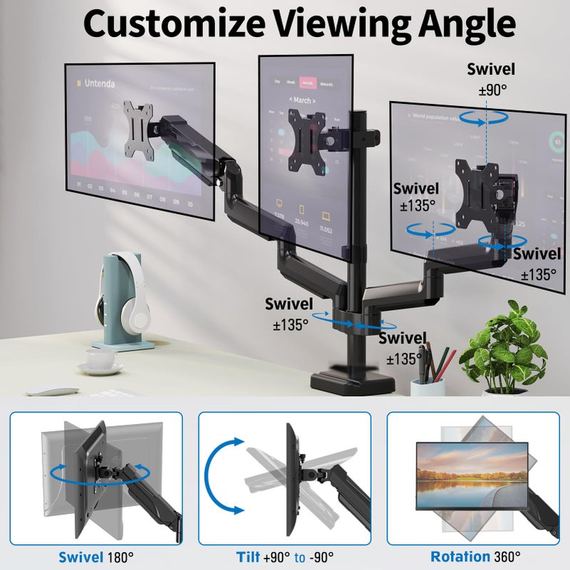 ErgoFocus Triple Monitor Desk Mount for Computer Screens up to 32", Holds up to 19.8 lbs Each, 3 Monitor Arm, Heavy Duty Stand Vesa Mount 75x75, 100x100 - Image 3