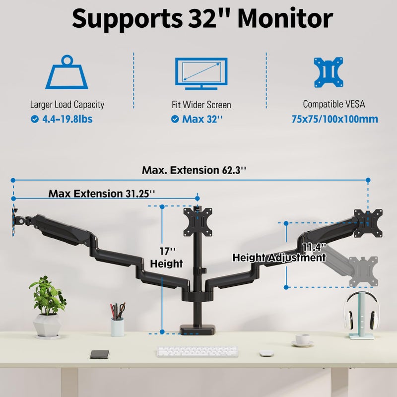 ErgoFocus Triple Monitor Desk Mount for Computer Screens up to 32", Holds up to 19.8 lbs Each, 3 Monitor Arm, Heavy Duty Stand Vesa Mount 75x75, 100x100 - Image 2