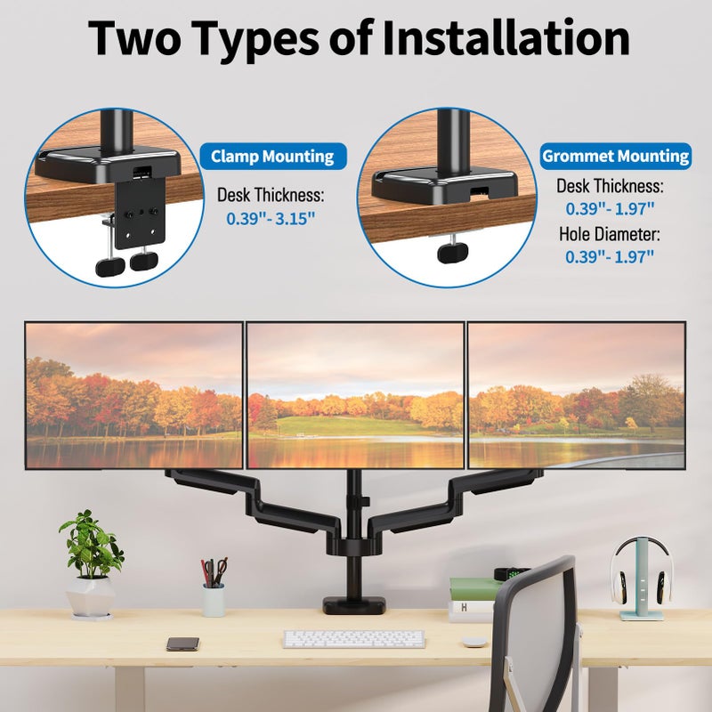 ErgoFocus Triple Monitor Desk Mount for Computer Screens up to 32", Holds up to 19.8 lbs Each, 3 Monitor Arm, Heavy Duty Stand Vesa Mount 75x75, 100x100 - Image 4
