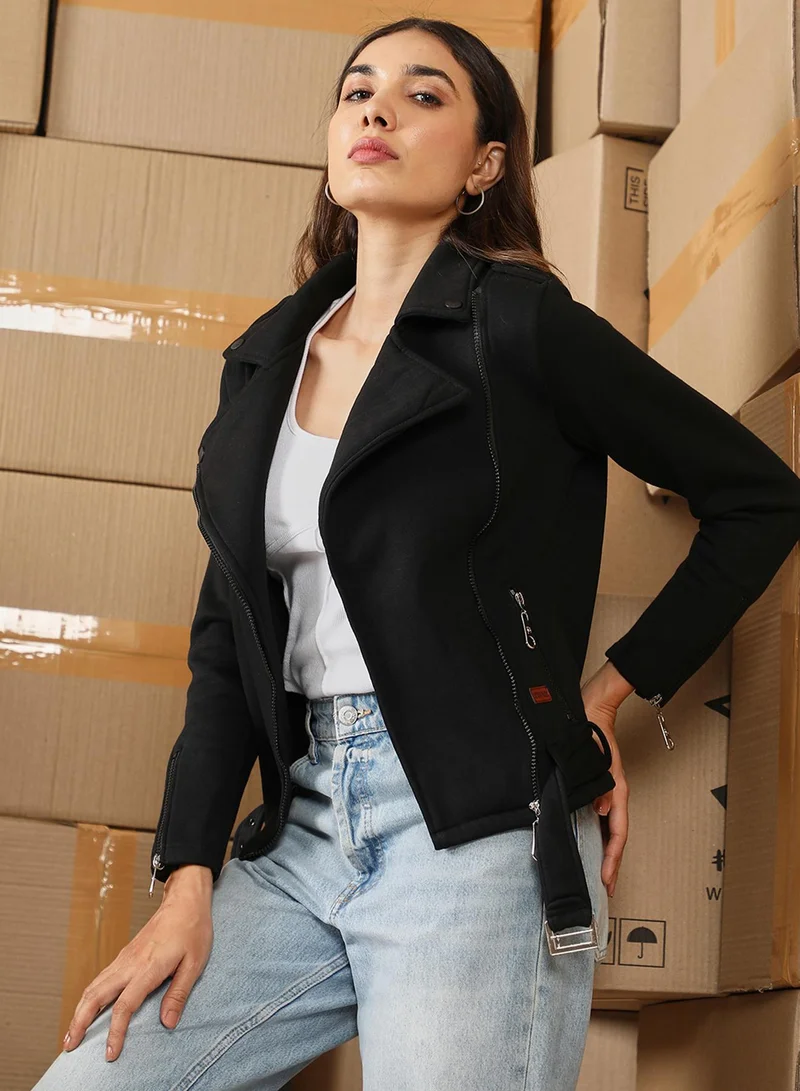 Campus Sutra Women's Onyx Black Knitted Biker Jacket
