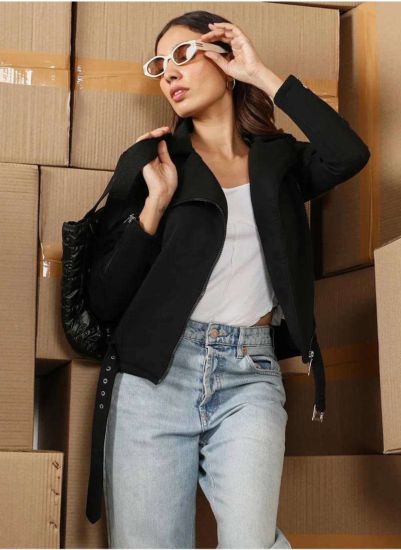 Campus Sutra Women's Onyx Black Knitted Biker Jacket