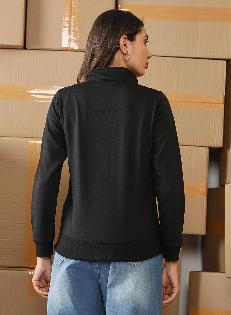 Campus Sutra Women's Onyx Black Knitted Biker Jacket