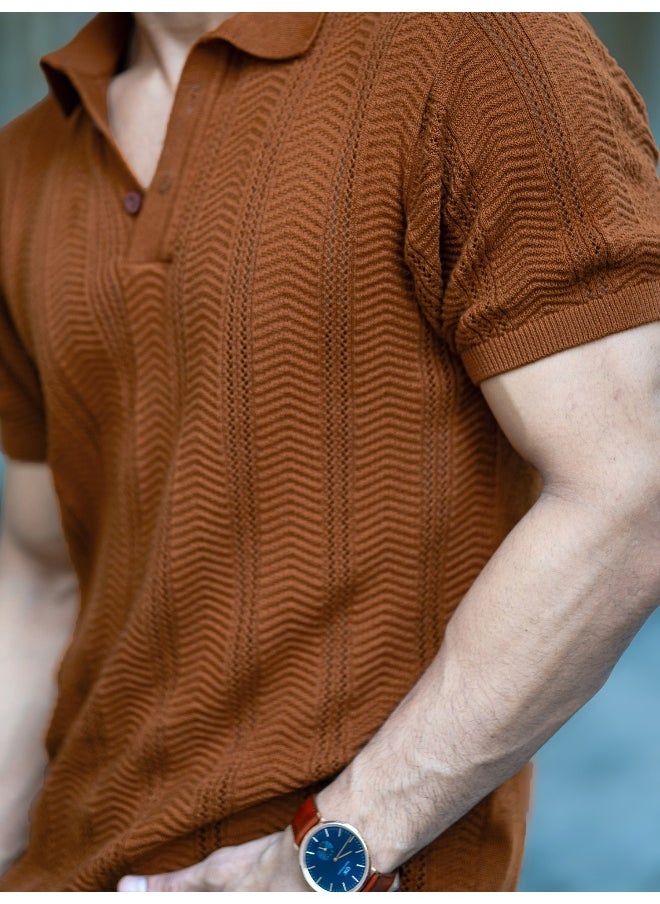 Maniac - Bohemian Crochet Striped Brown Tshirt - Image 1
