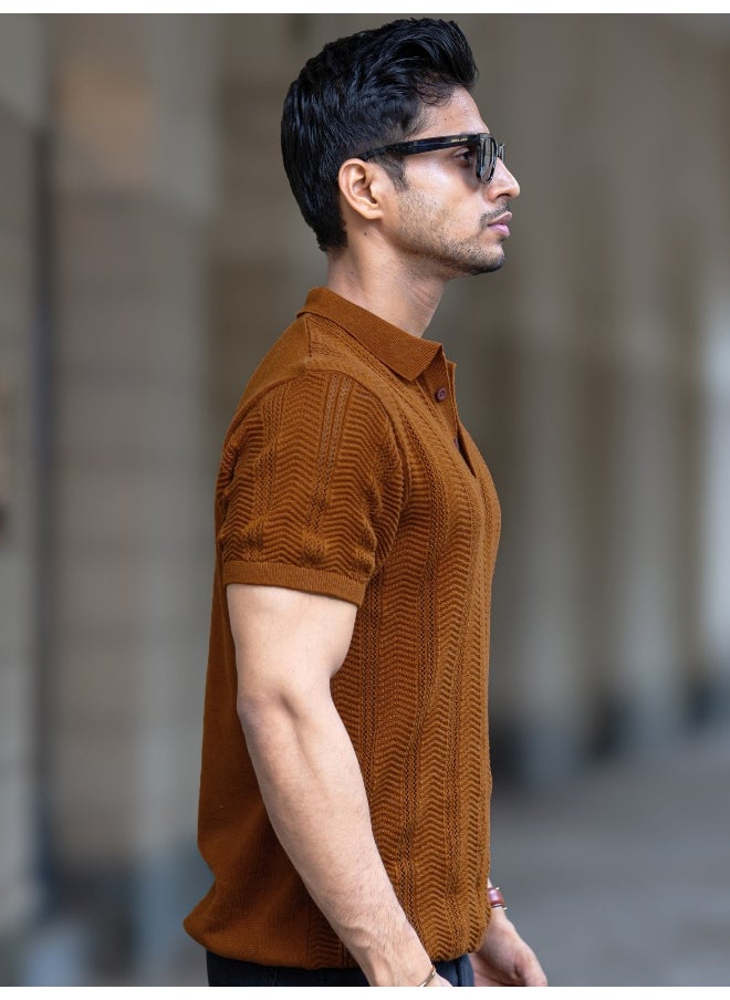 Maniac - Bohemian Crochet Striped Brown Tshirt - Image 1