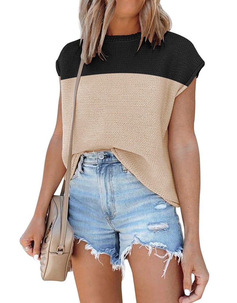 Disamer Cap Sleeve Knit Sweater Tops Sleeveless Vest 2025 Spring Clothes Oversized Summer Tank Trendy Short Sleeve T Shirts,Color Black,Medium - Image 1